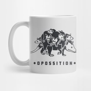 Opossum mom and her cute children. Funny political pun. Mug